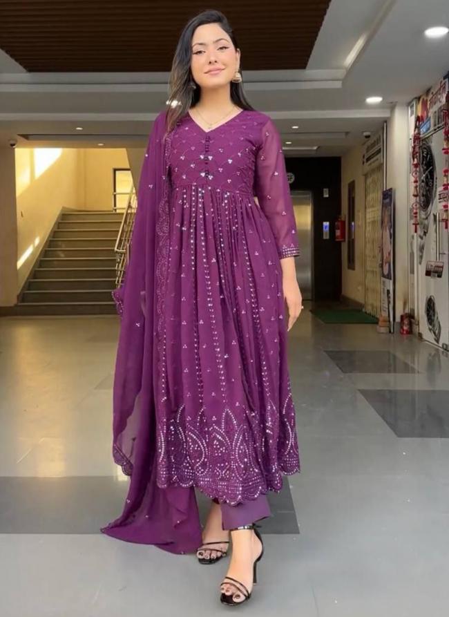 Faux Georgette Purple Eid Wear Embroidery Work Readymade Anarkali Suit